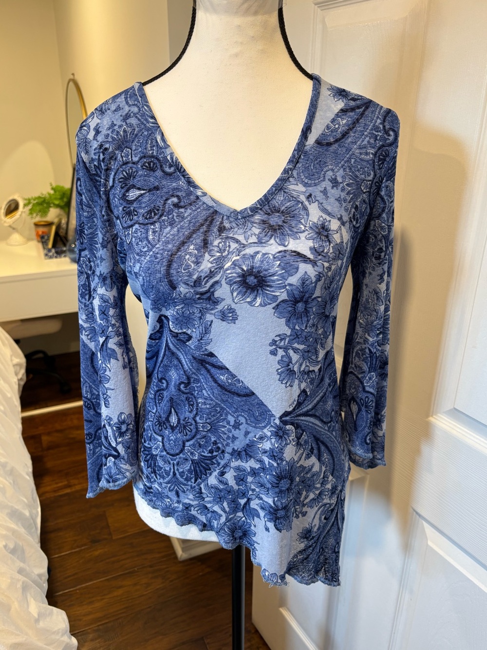 Request Blue Paisley Floral Bell Sleeve Top XL Y2K Boho